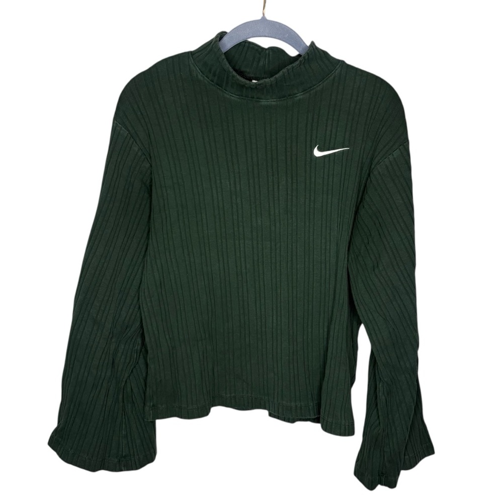 Nike mini swoosh ribbed jersey long-sleeved top women’s small green wide sleeve - Picture 2 of 6